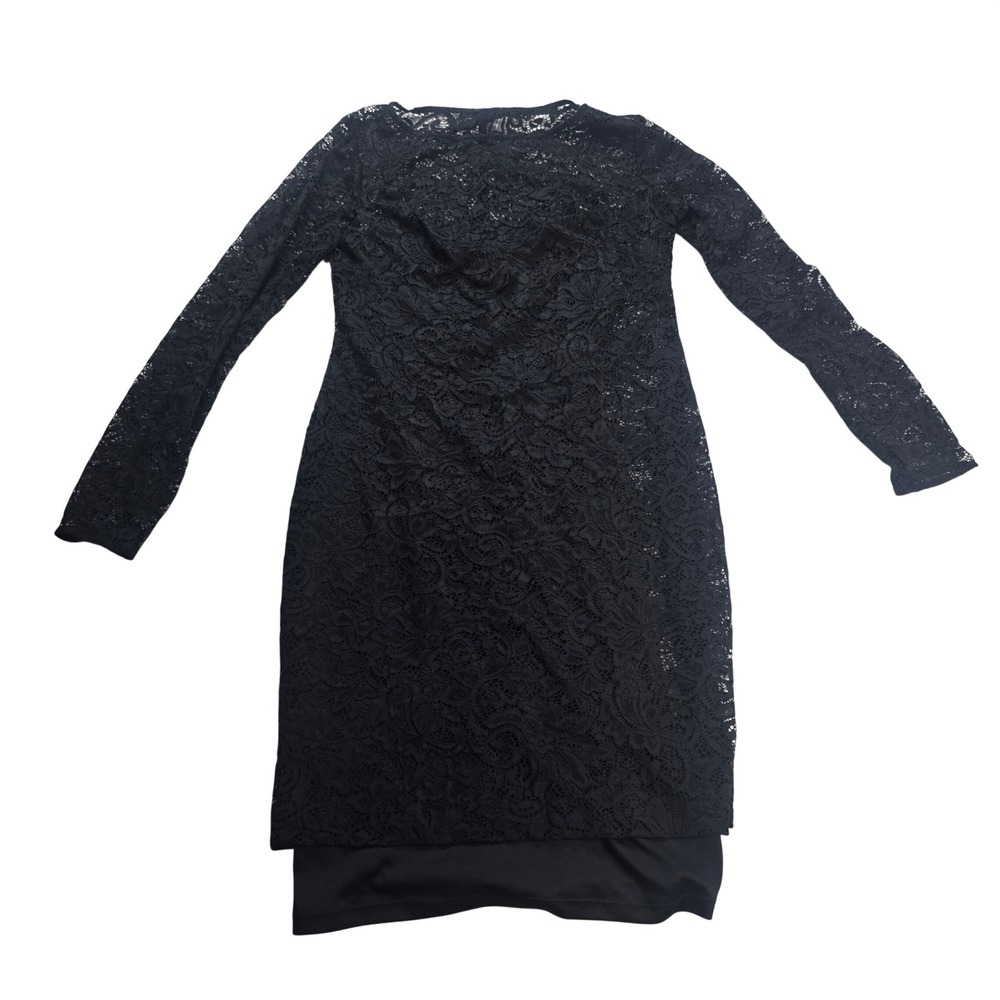 Chaps‎ Lace Sheath Dress Womens 4 Black Long Sleeve Floral Cocktail